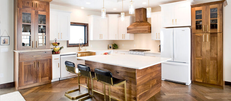 Elegant kitchen with brown and white cabinets
