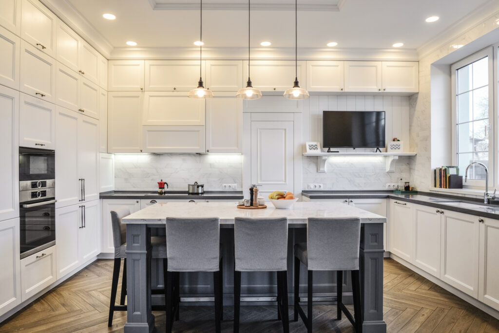 Kitchen interior in new luxury home in scandinavian style